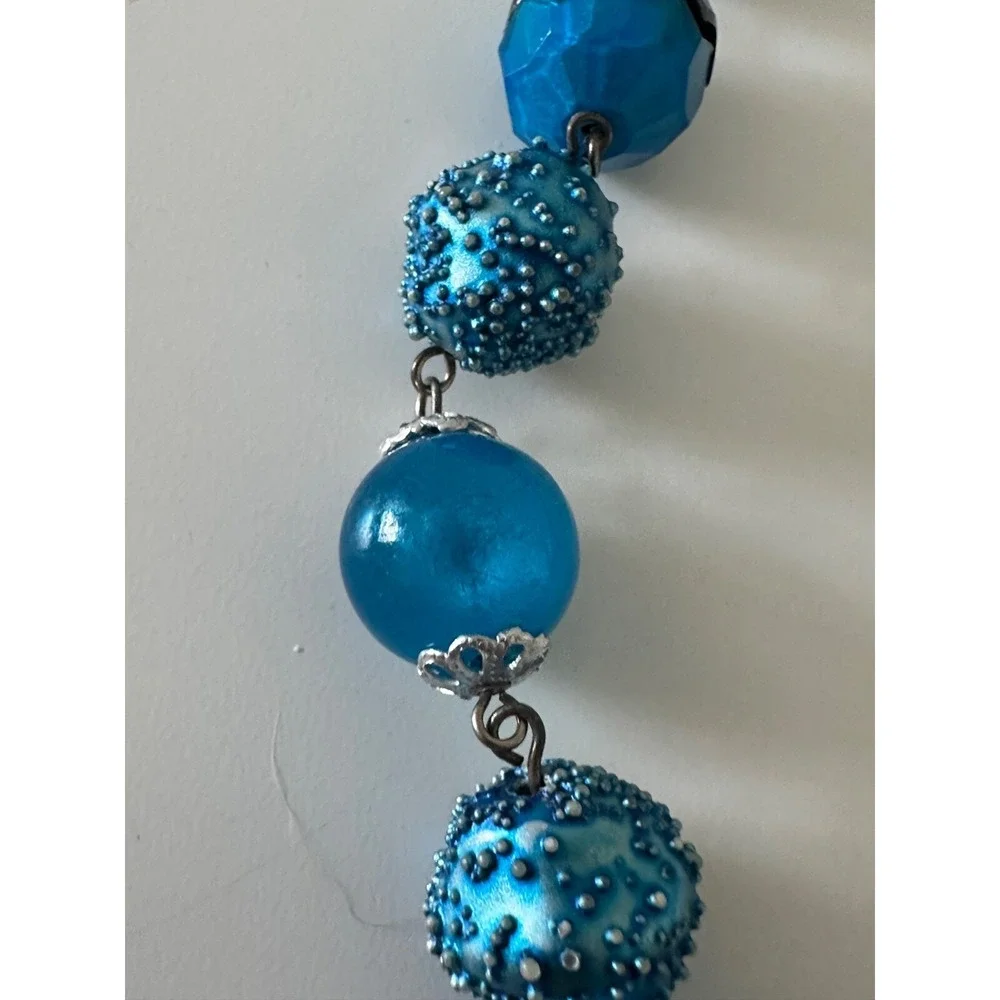 VTG Sugar Caged Beaded‎ Necklace Aqua Blue Horseshoe Pendant Crystals Hong Kong